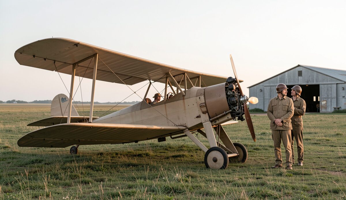 An open-cockpit biplane of the early 1920s on a grass field at dawn, two leather-helmeted figures beside it, prairie horizon and a low hangar behind.