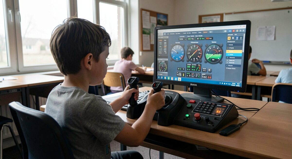 A child seated at a desktop flight simulator, hands on a small yoke and throttle, a monitor glowing with a soft instrument panel in a dim classroom.