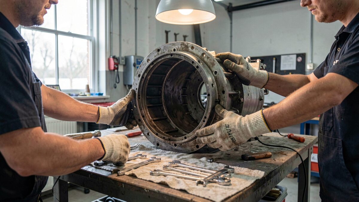 Students' hands in work gloves around an open aircraft engine cowling on a workbench, wrenches laid out on a cloth, workshop light overhead.