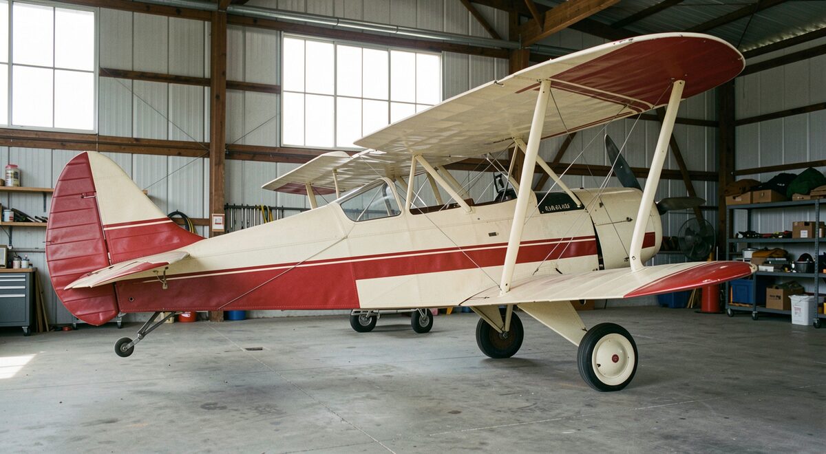 A cream and red fabric-covered high-wing taildragger aircraft of the 1950s parked inside a quiet hangar, soft window light on the wing, dope-and-fabric texture visible.