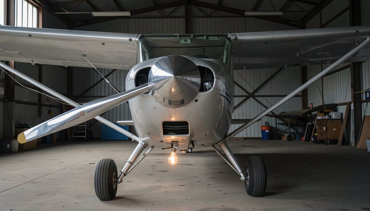 The nose and polished propeller of a silver 1970s single-engine monoplane under a dim hangar light, aluminium skin reflecting a warm bulb, concrete floor.
