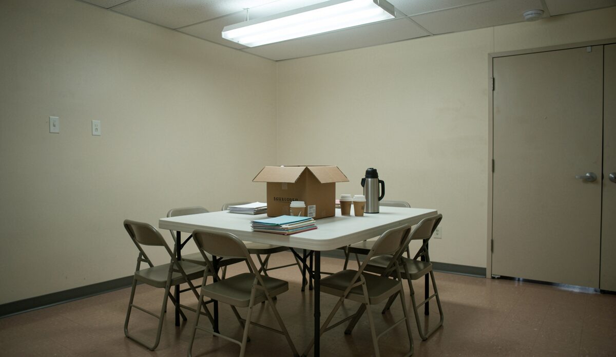 A folding table in a community hall set for a small meeting, six chairs, a cardboard box of papers, a thermos and paper cups, fluorescent light.