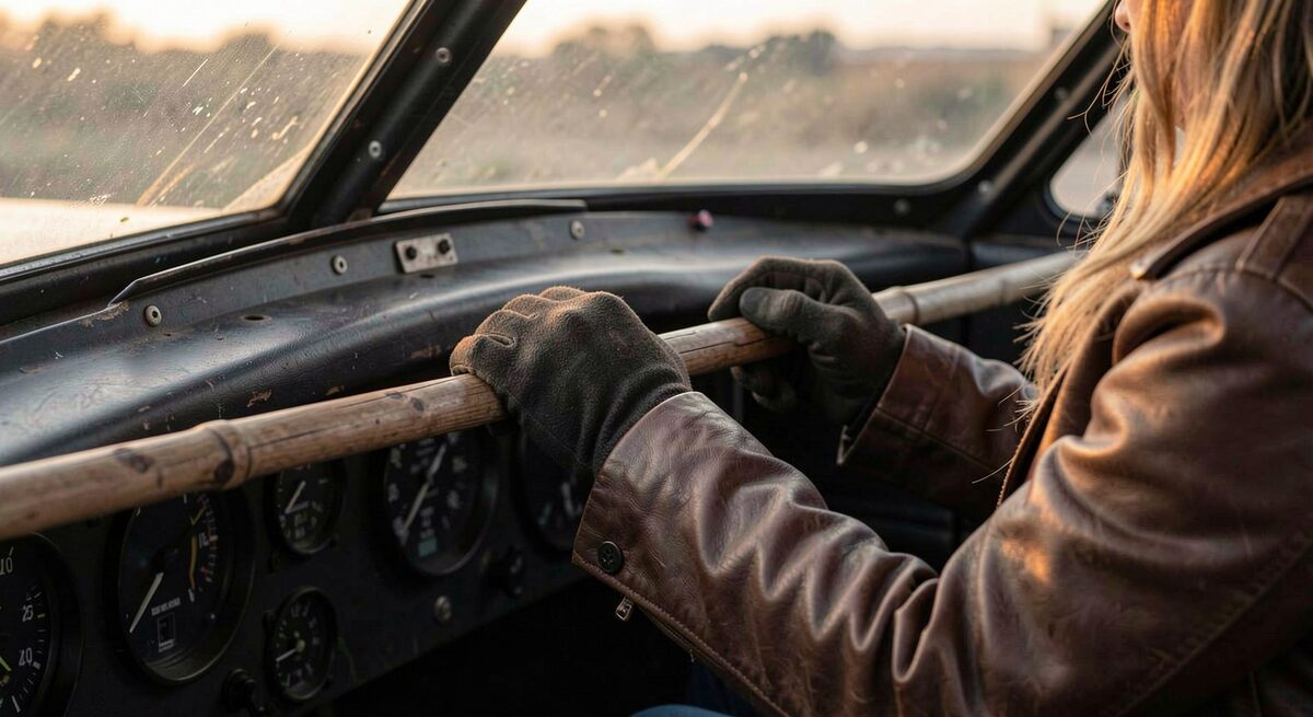 A woman's gloved hands resting on the wooden stick of a vintage cockpit, leather jacket sleeve, soft evening light through the windscreen, instrument panel dark.