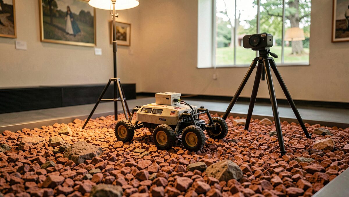 A small six-wheeled model rover on a bed of reddish gravel and rocks inside a museum room, a low webcam on a tripod aimed at the yard, warm lamp light.