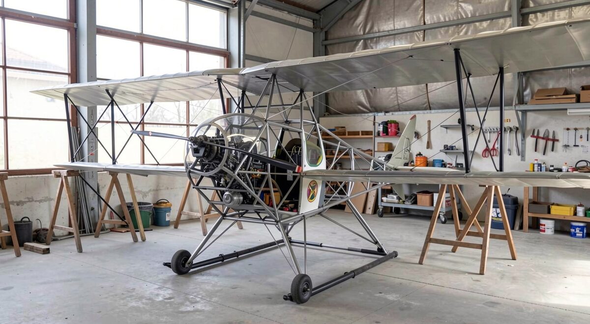 A small single-seat kit helicopter parked beside the uncovered steel-tube frame of a biplane under restoration in a workshop corner, trestles and tools around.