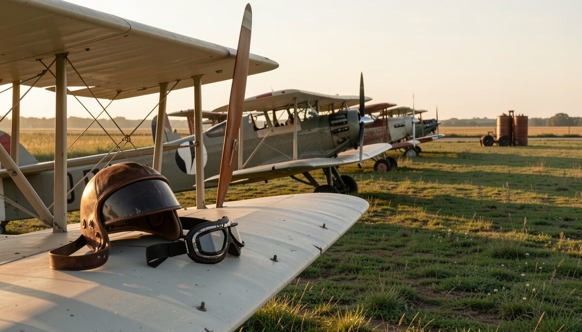 A row of 1930s monoplanes parked on a grass airfield at golden hour, a leather flight helmet and goggles resting on the nearest wing, fuel drums in the distance.