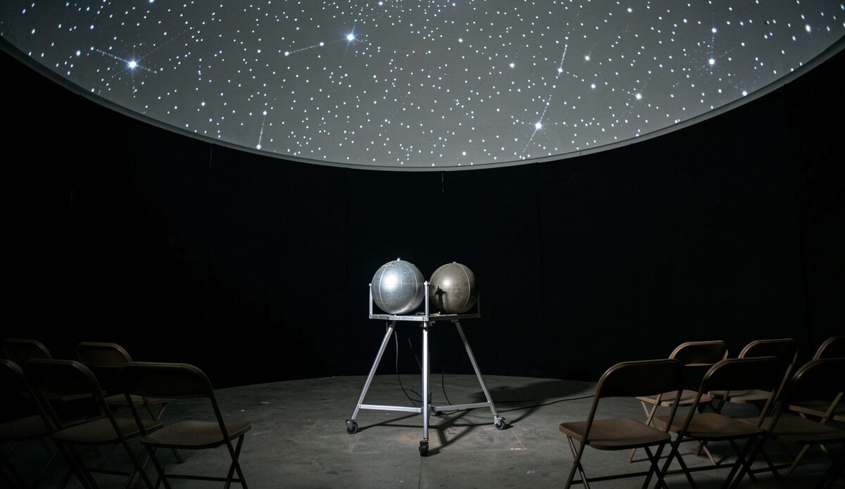 A small planetarium projector with twin spheres in a darkened room, a field of projected stars on a low domed ceiling, empty folding chairs in shadow.