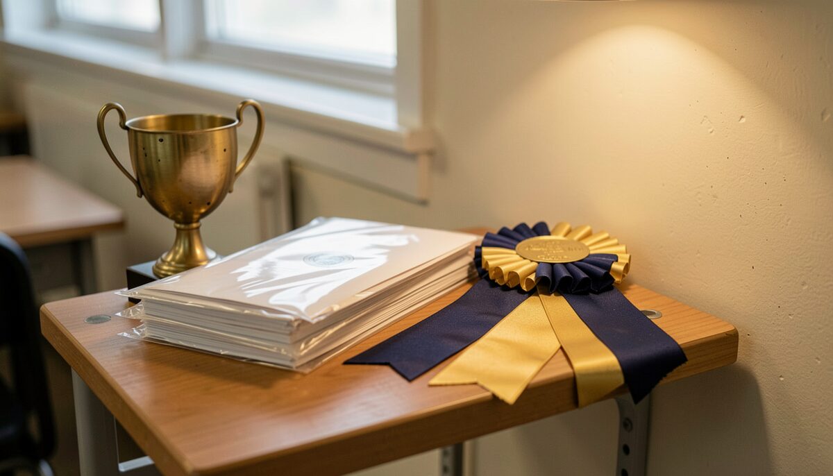 A small shelf in a school office holding a stack of sealed envelopes, a brass trophy cup and a pair of folded award ribbons in dark blue and gold, warm lamp light, shallow depth of field, no visible writing.